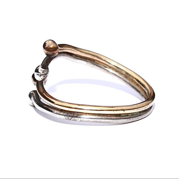 Vintage Sterling Silver & Brass Ball End Bypass Ring Size 8 Modernist Two Tone - Picture 3 of 4